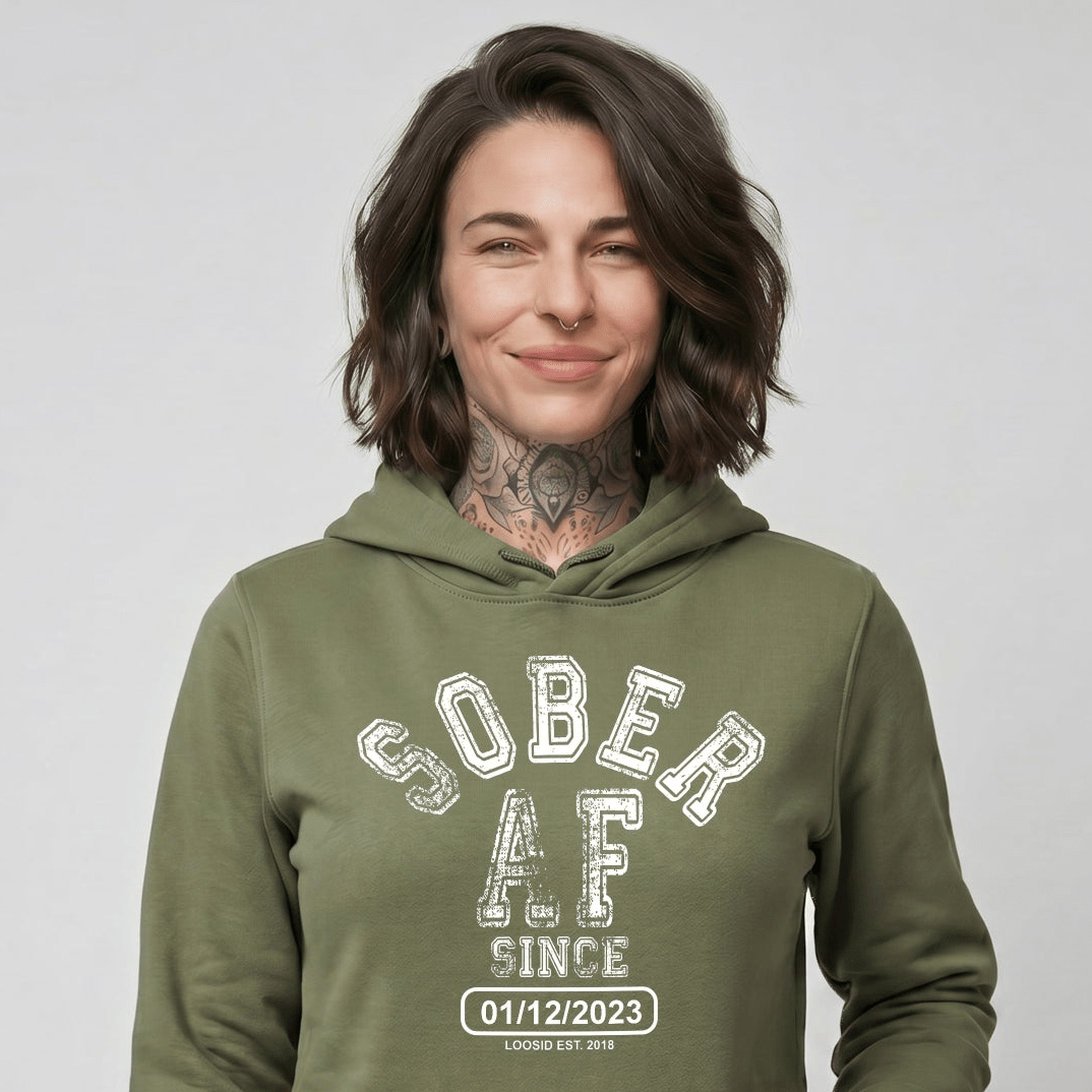 Sober AF Since Recovery Hoodie flat lay styled image (view 23)