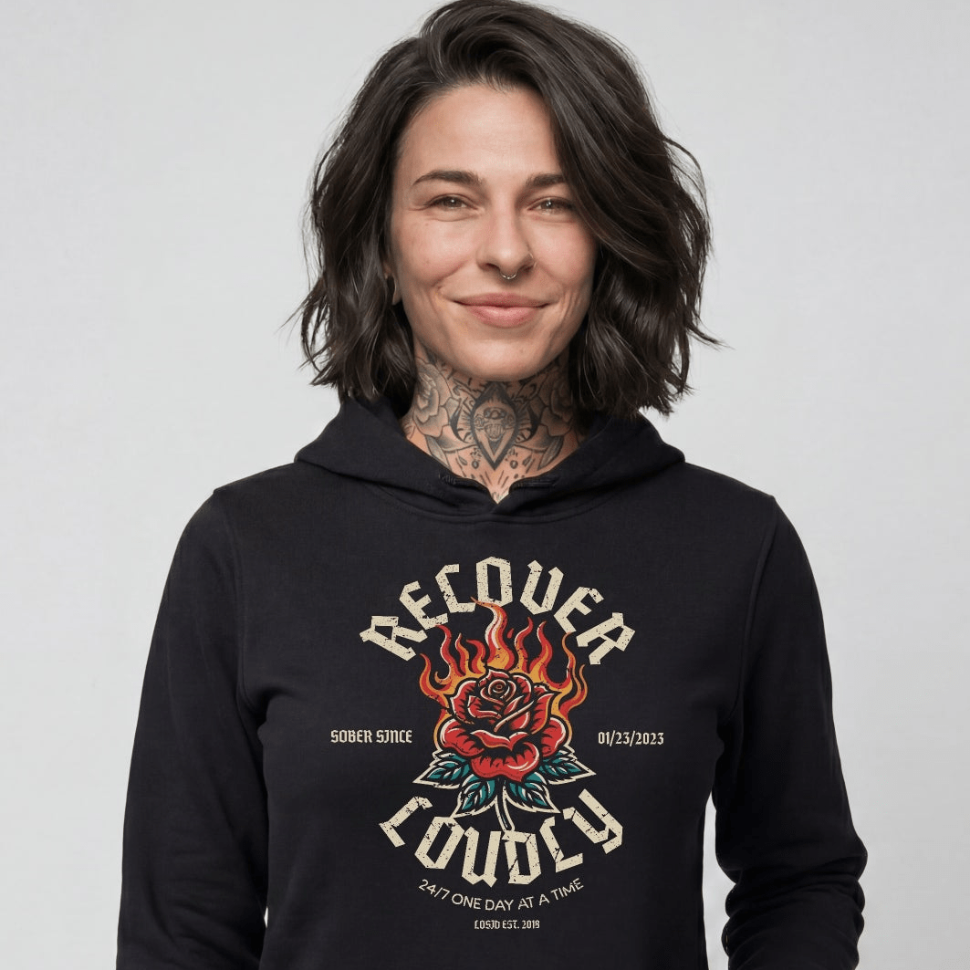 Recover Loudly Women's Custom Sobriety Date Recovery Hoodie close-up view (view 2)