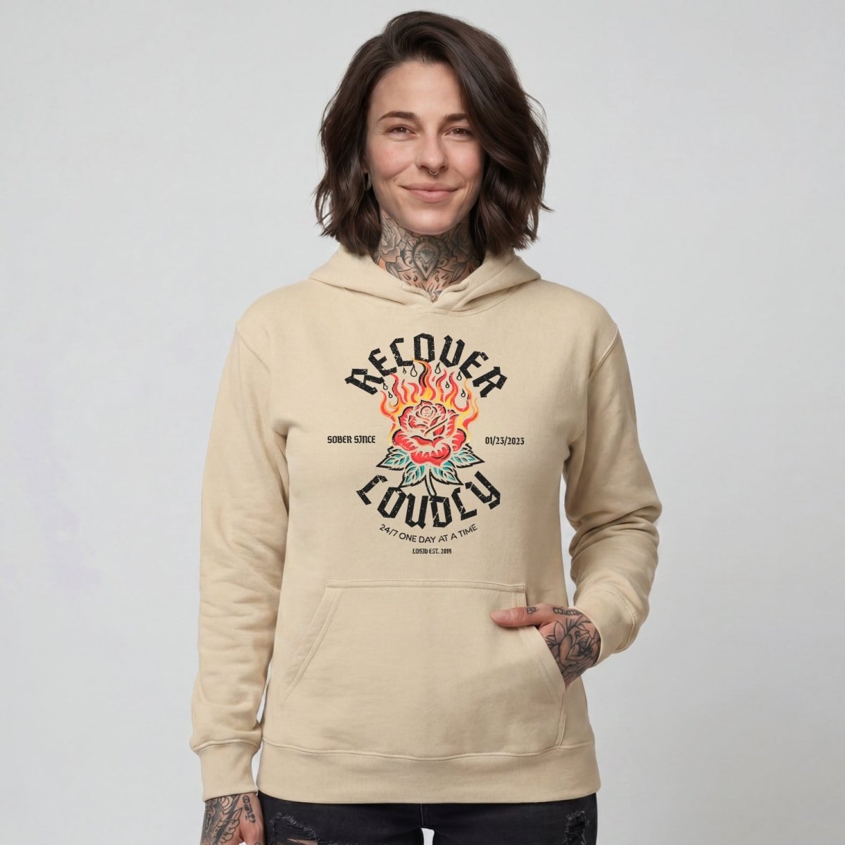 Recover Loudly Women's Custom Sobriety Date Recovery Hoodie fit detail (view 29)