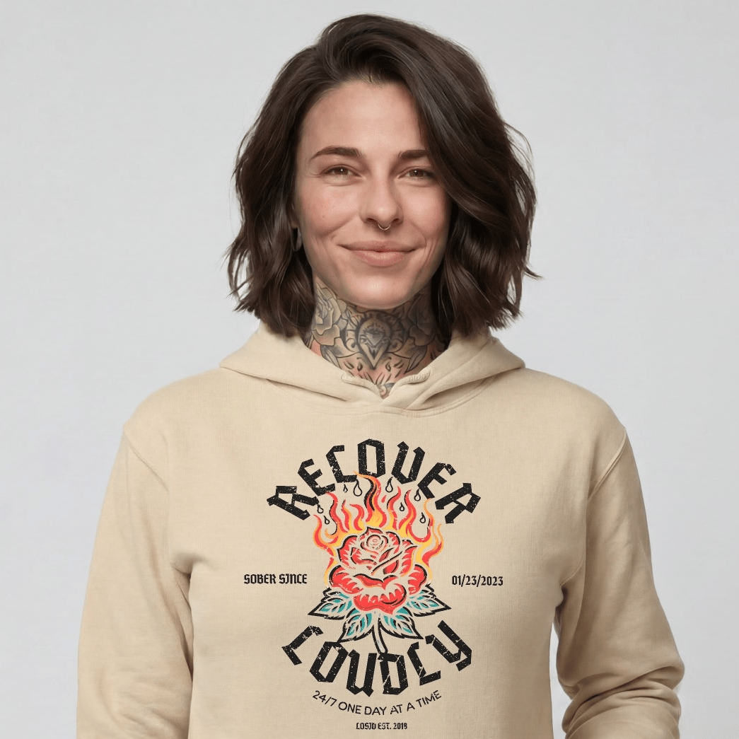 Recover Loudly Women's Custom Sobriety Date Recovery Hoodie side view (view 26)