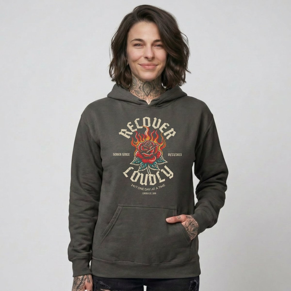 Recover Loudly Women's Custom Sobriety Date Recovery Hoodie side view (view 16)