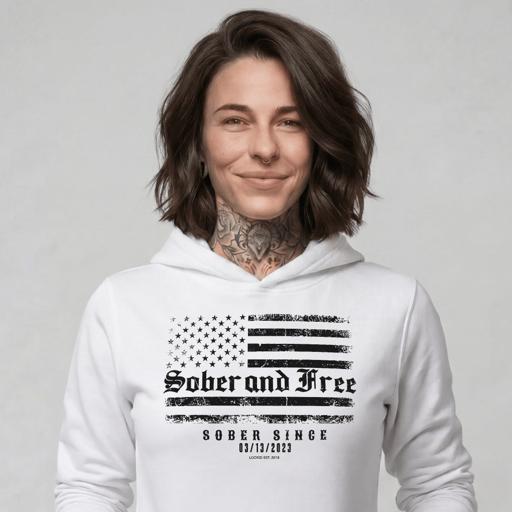 Sober and Free Custom Sobriety Date Recovery Hoodie fit detail (view 29)