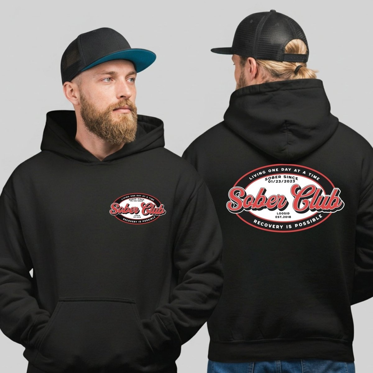 Sober Club Badge Recovery Hoodie close-up view (view 2)