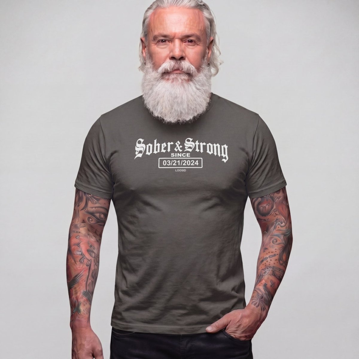 Sober T Shirt | Men's Old School Sober & Strong Tee with Personalized Sobriety Date