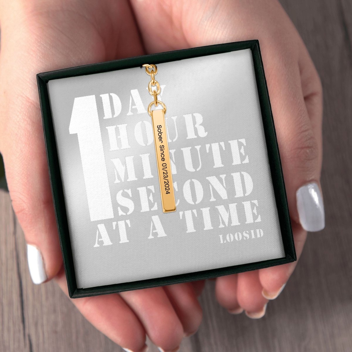 Sober Since 3D Bar Keychain w Personalized Sober Date and Message Sobriety Gift flat lay styled image (view 3)