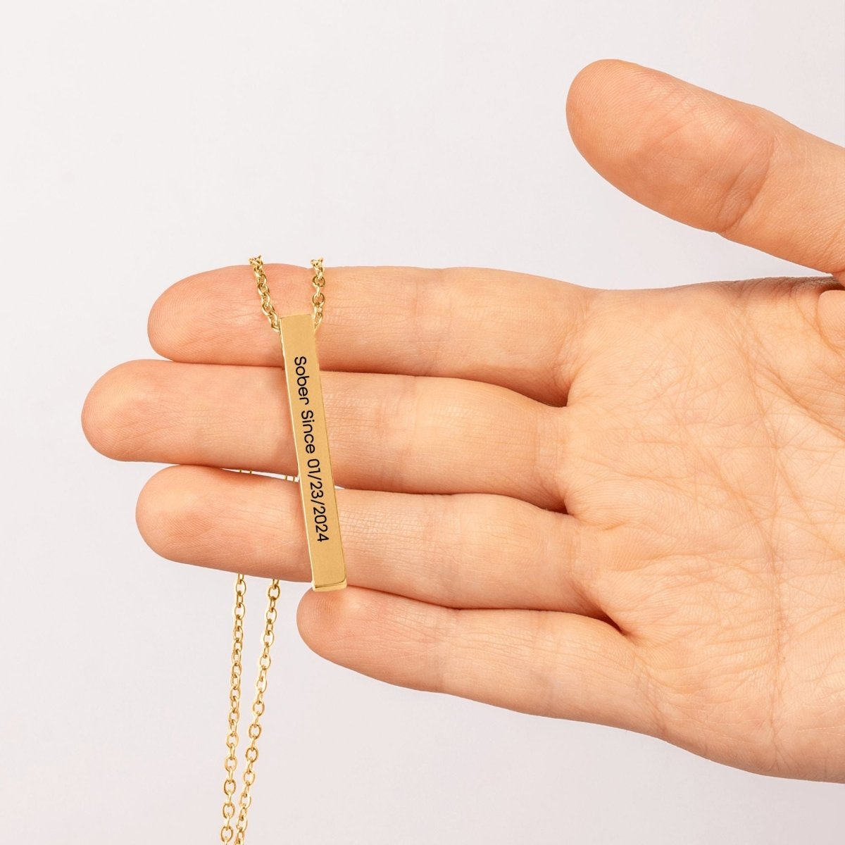 Sober Since 3D Bar Necklace w Personalized Sober Date and Message Sober Jewelry fit detail (view 9)