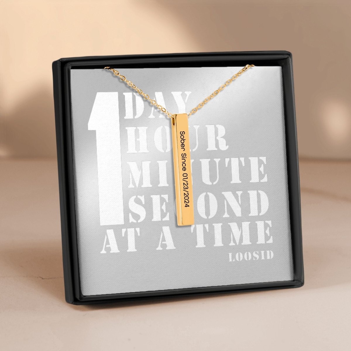 Sober Since 3D Bar Necklace w Personalized Sober Date and Message Sober Jewelry lifestyle view (view 5)