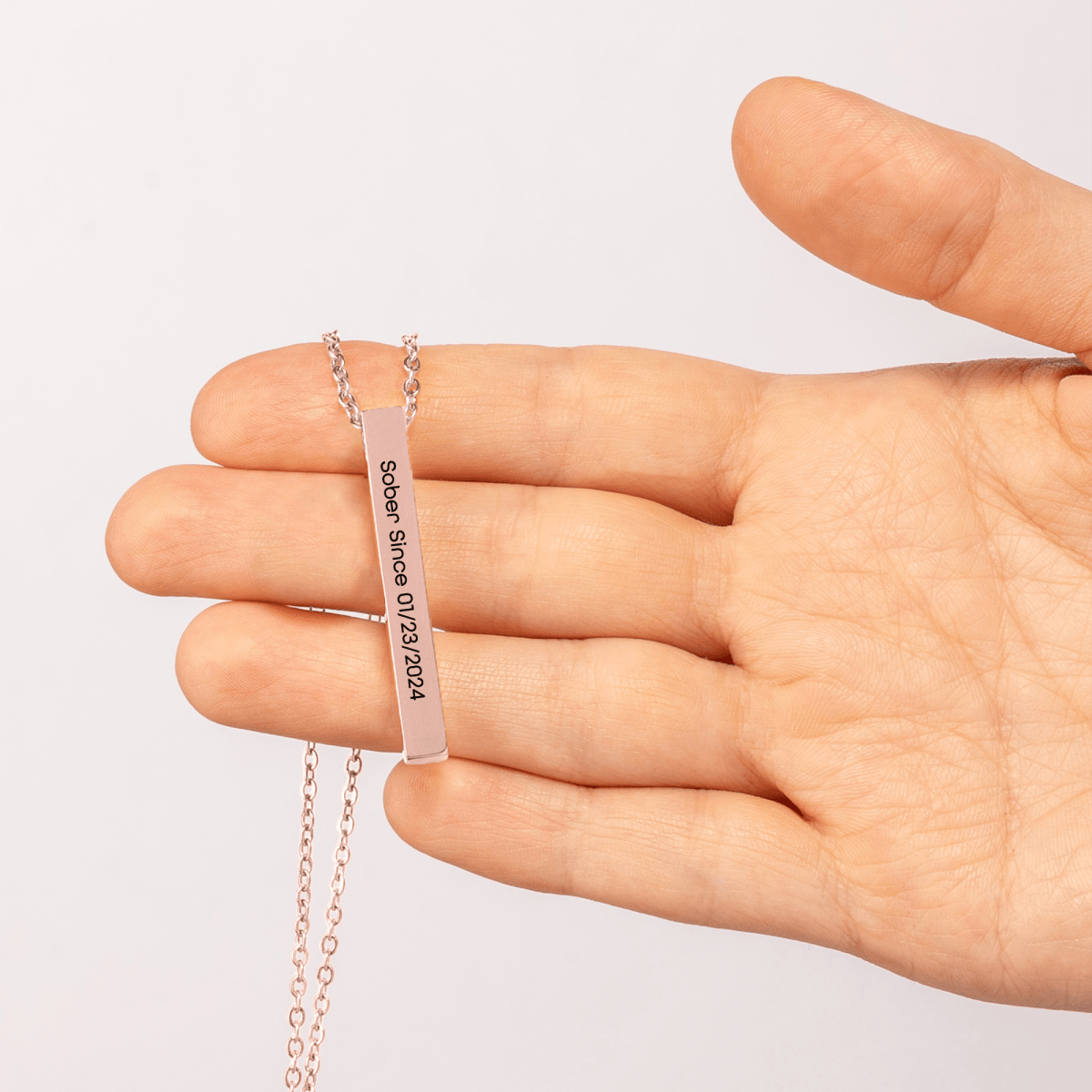 Sober Since 3D Bar Necklace w Personalized Sober Date and Message Sober Jewelry flat lay styled image (view 13)