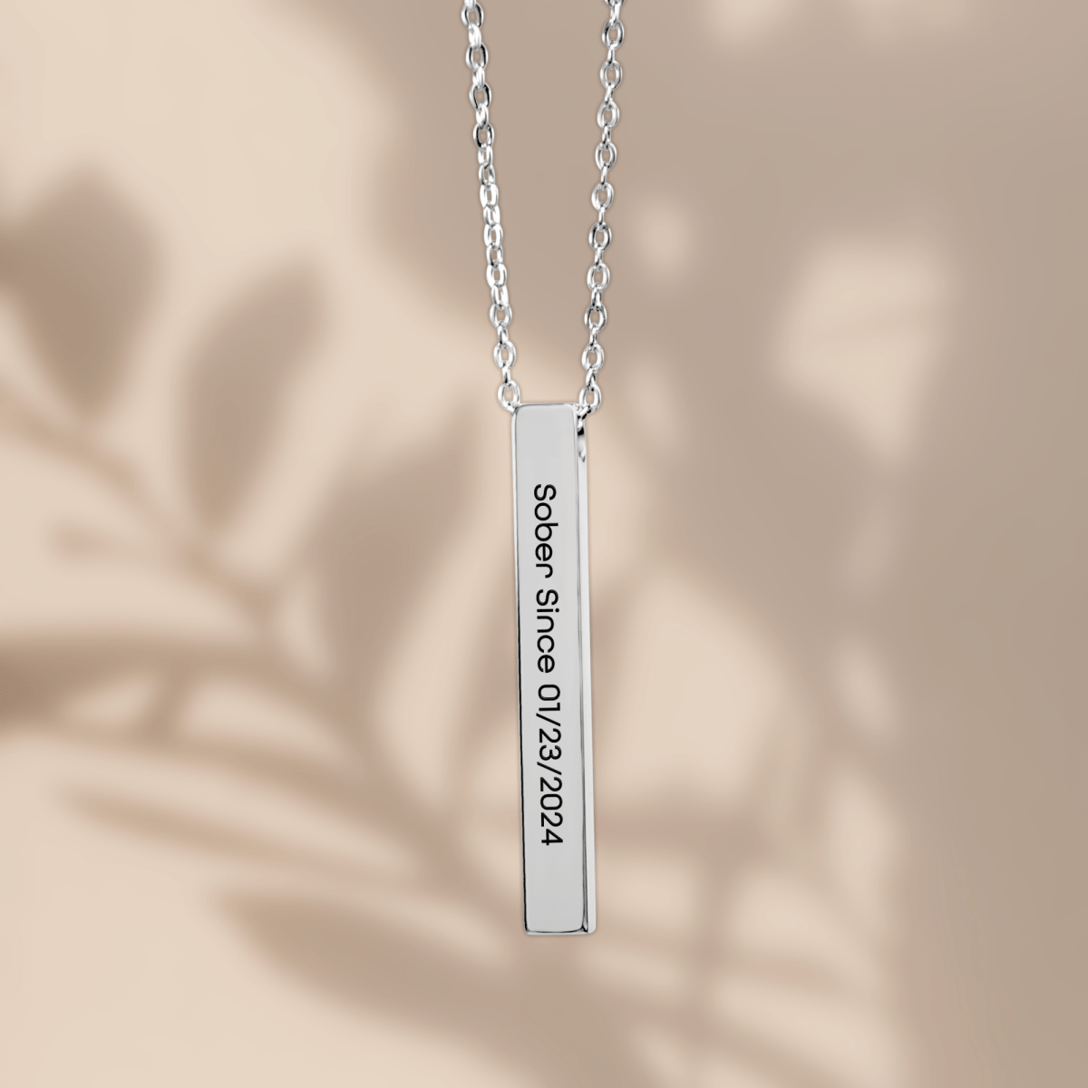 Sober Since 3D Bar Necklace w Personalized Sober Date and Message Sober Jewelry flat lay styled image (view 3)