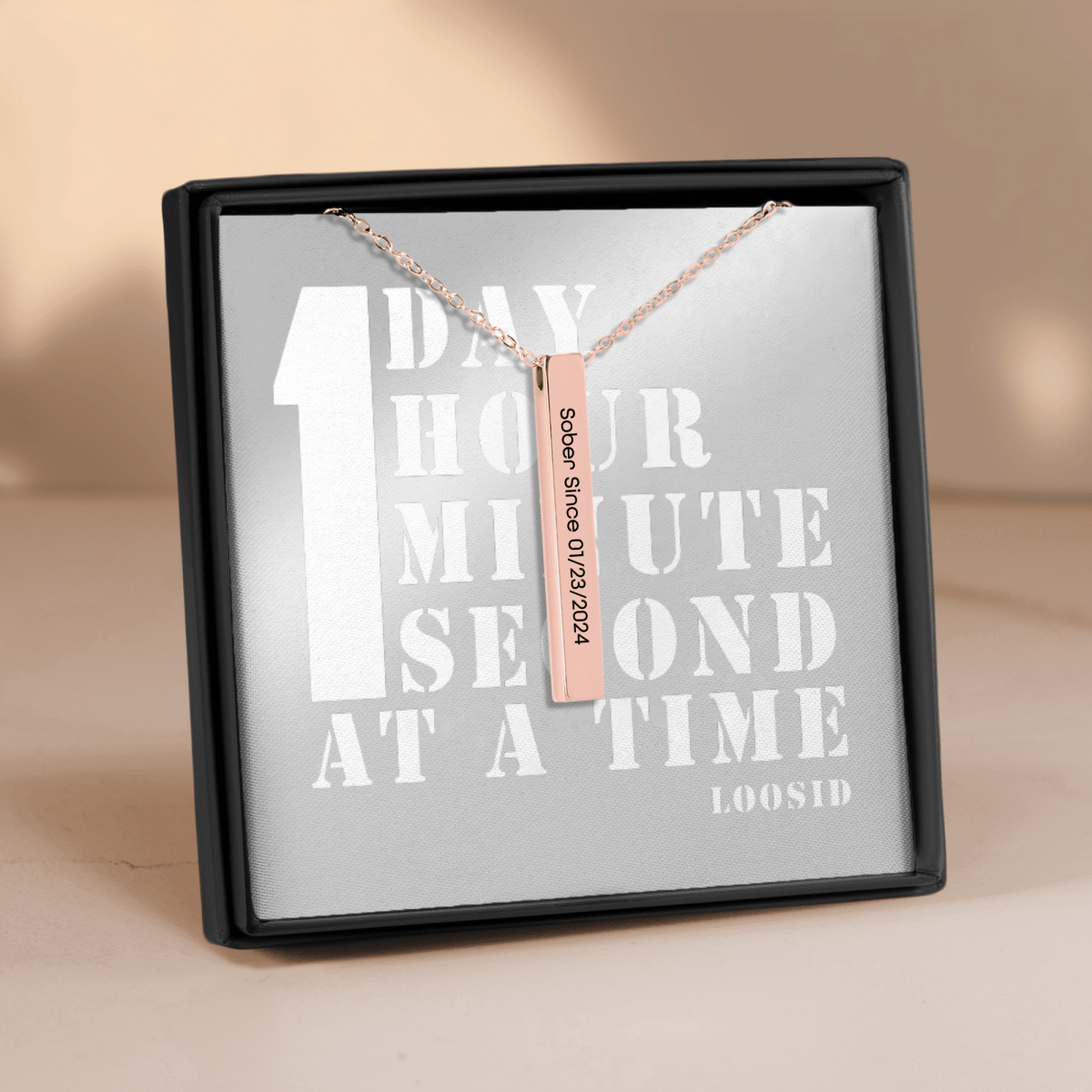 Sober Since 3D Bar Necklace w Personalized Sober Date and Message Sober Jewelry close-up view (view 12)