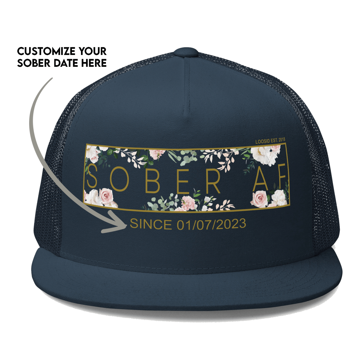 Sober AF Floral Trucker w Custom Date Sober Hat graphic detail (view 4)