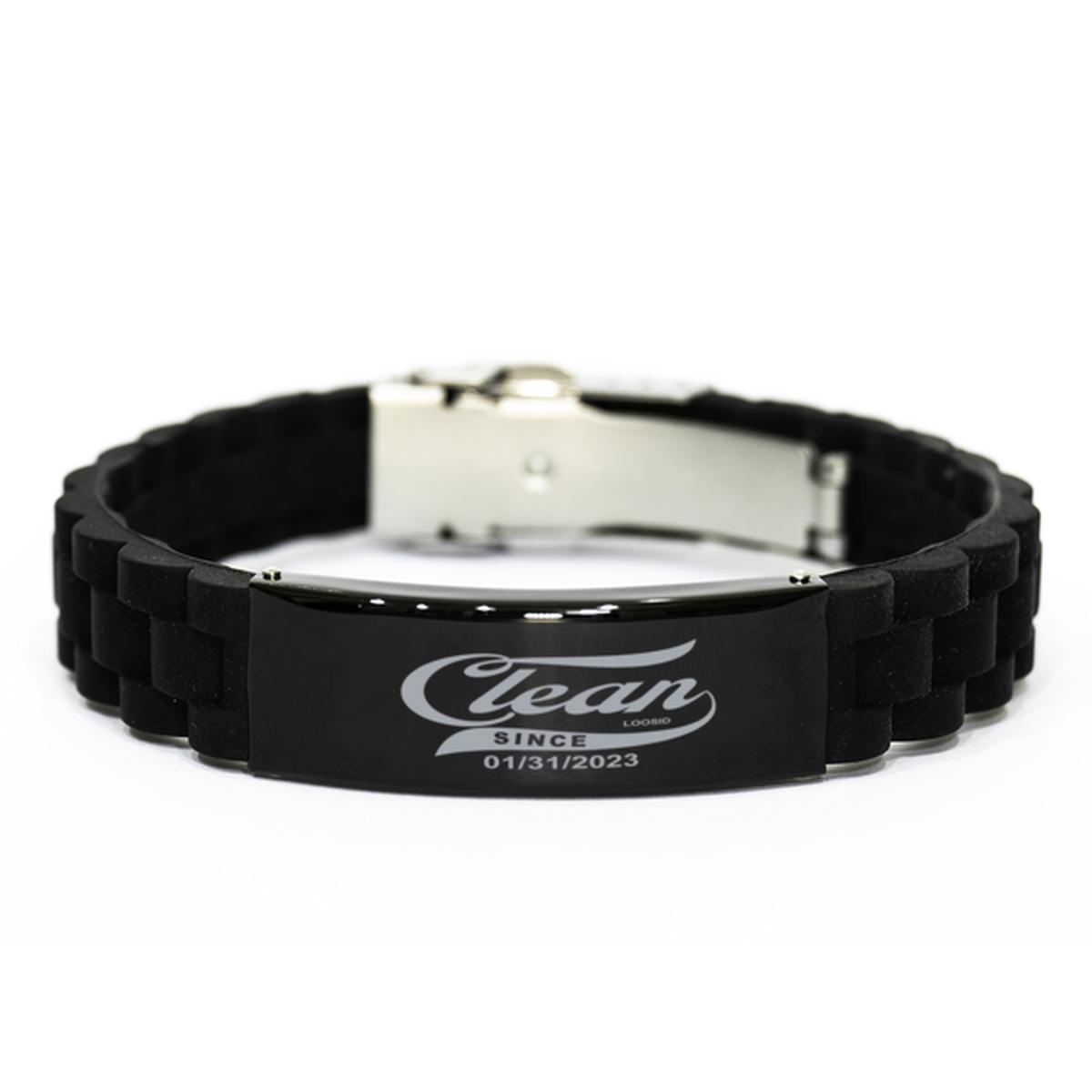Clean Since Date Bracelet Custom Metal Engraved Sober Jewelry close-up view (view 2)