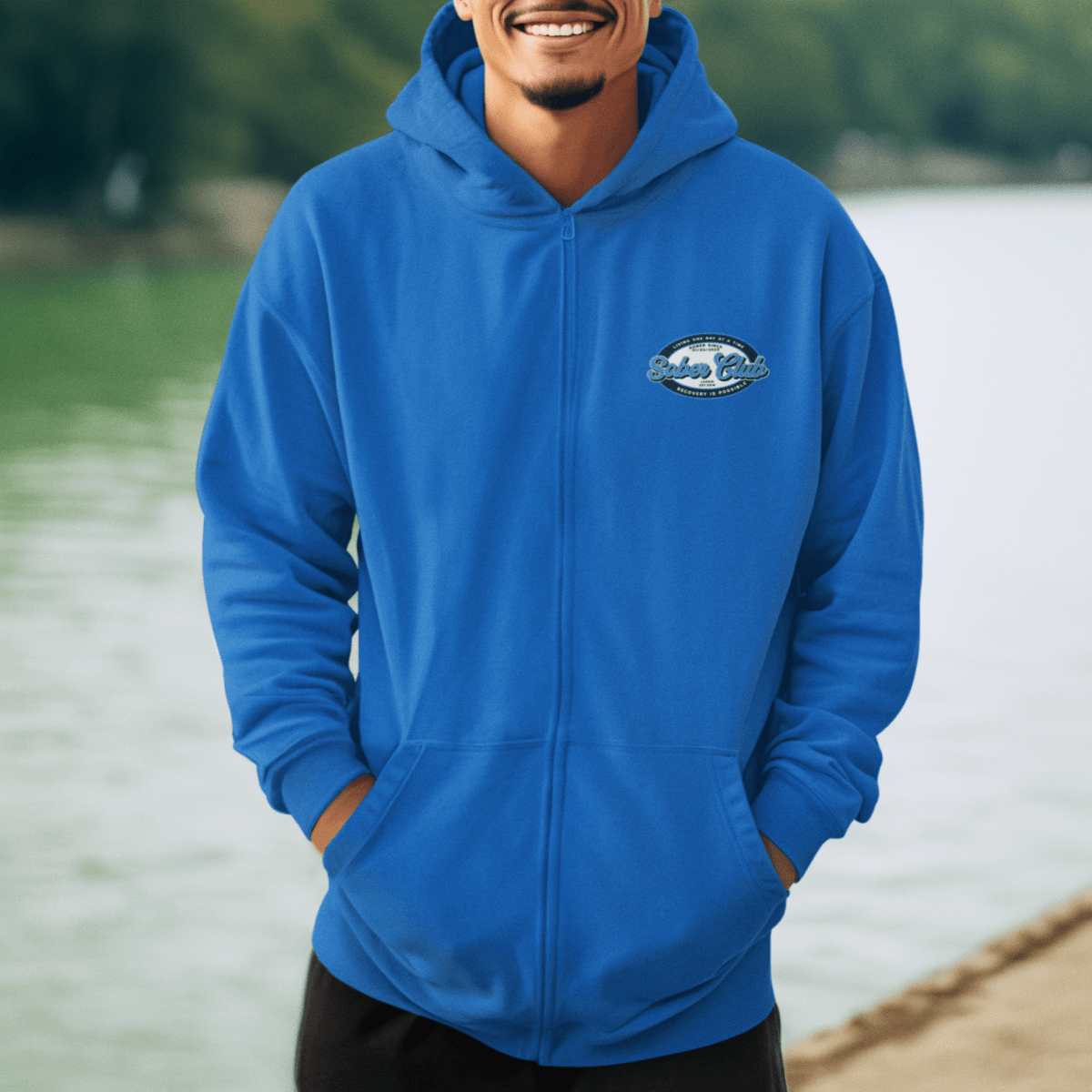 Sober Club Badge Left Chest Print Unisex Zip Recovery Hoodie graphic detail (view 14)