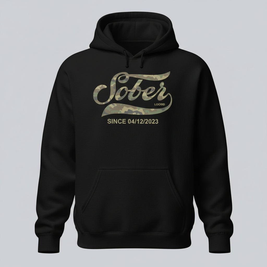 Sober Since Camo Recovery Hoodie lifestyle view (view 5)