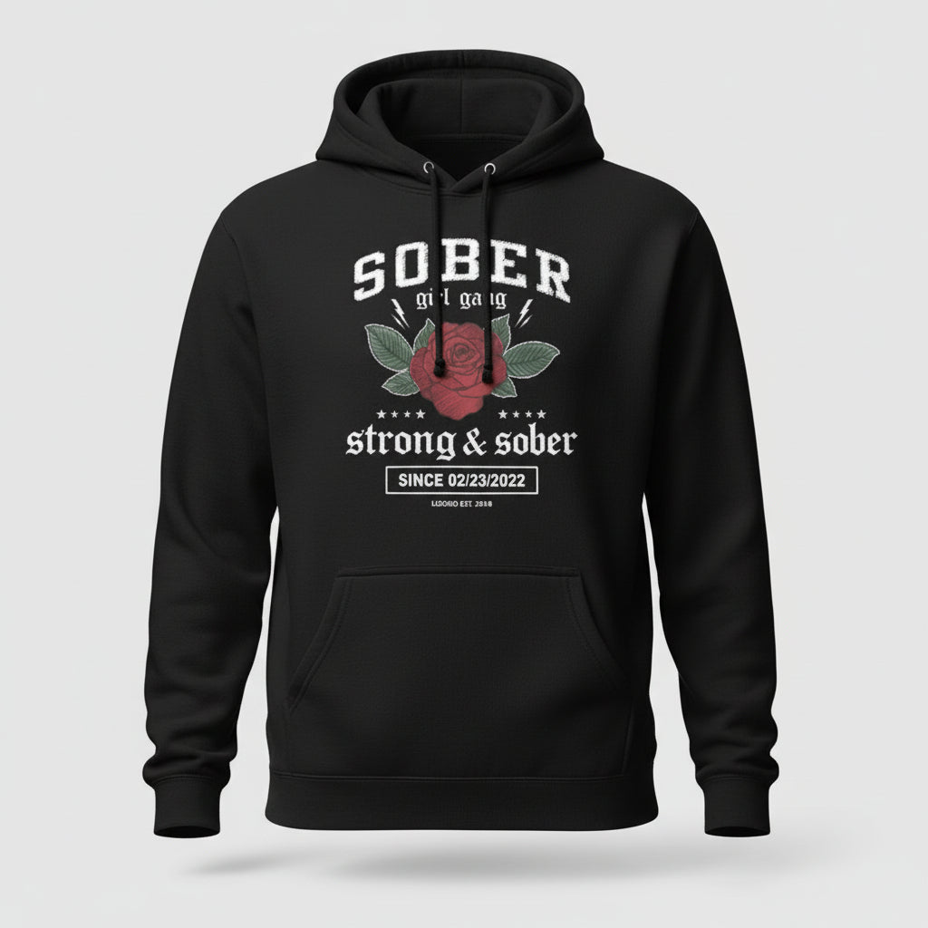 Sober Girl Gang Strong & Sober Crest Recovery Hoodie lifestyle view (view 5)