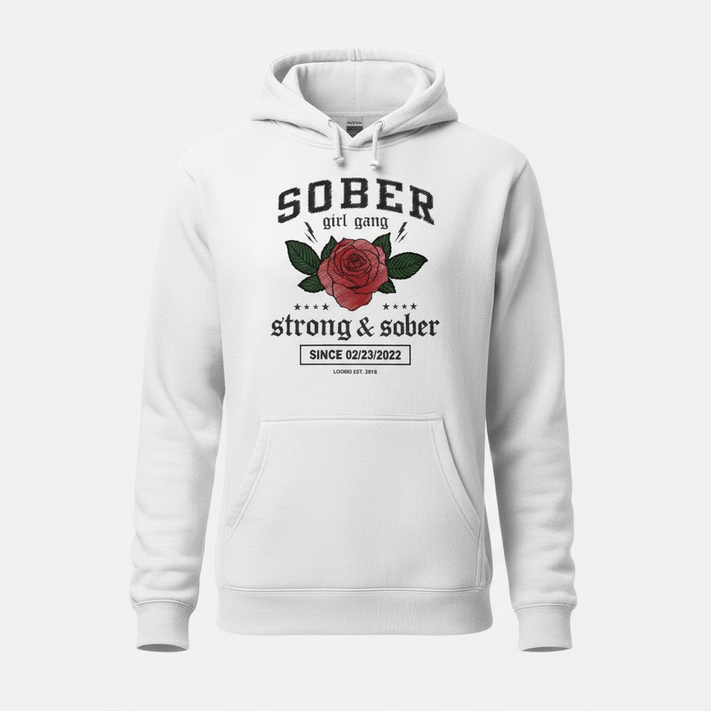 Sober Girl Gang Strong & Sober Crest Recovery Hoodie close-up view (view 32)