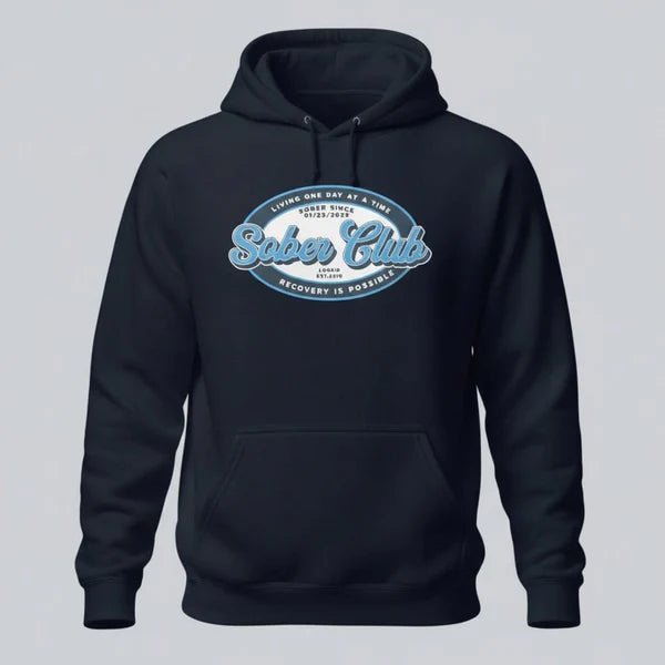 Sober Club Badge Recovery Hoodie flat lay styled image (view 13)