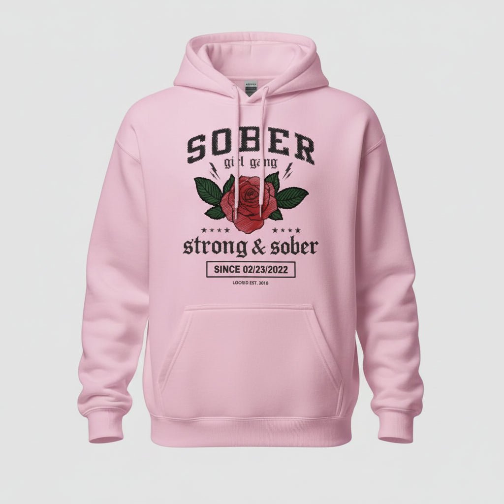 Sober Girl Gang Strong & Sober Crest Recovery Hoodie back view (view 27)