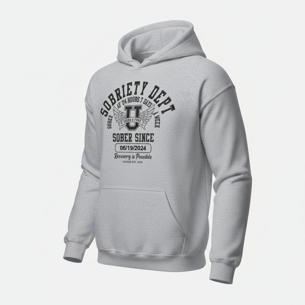 Sobriety Dept Recovery Hoodie close-up view (view 22)