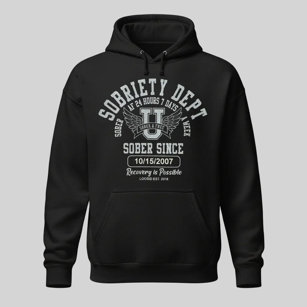 Sobriety Dept Recovery Hoodie flat lay styled image (view 3)