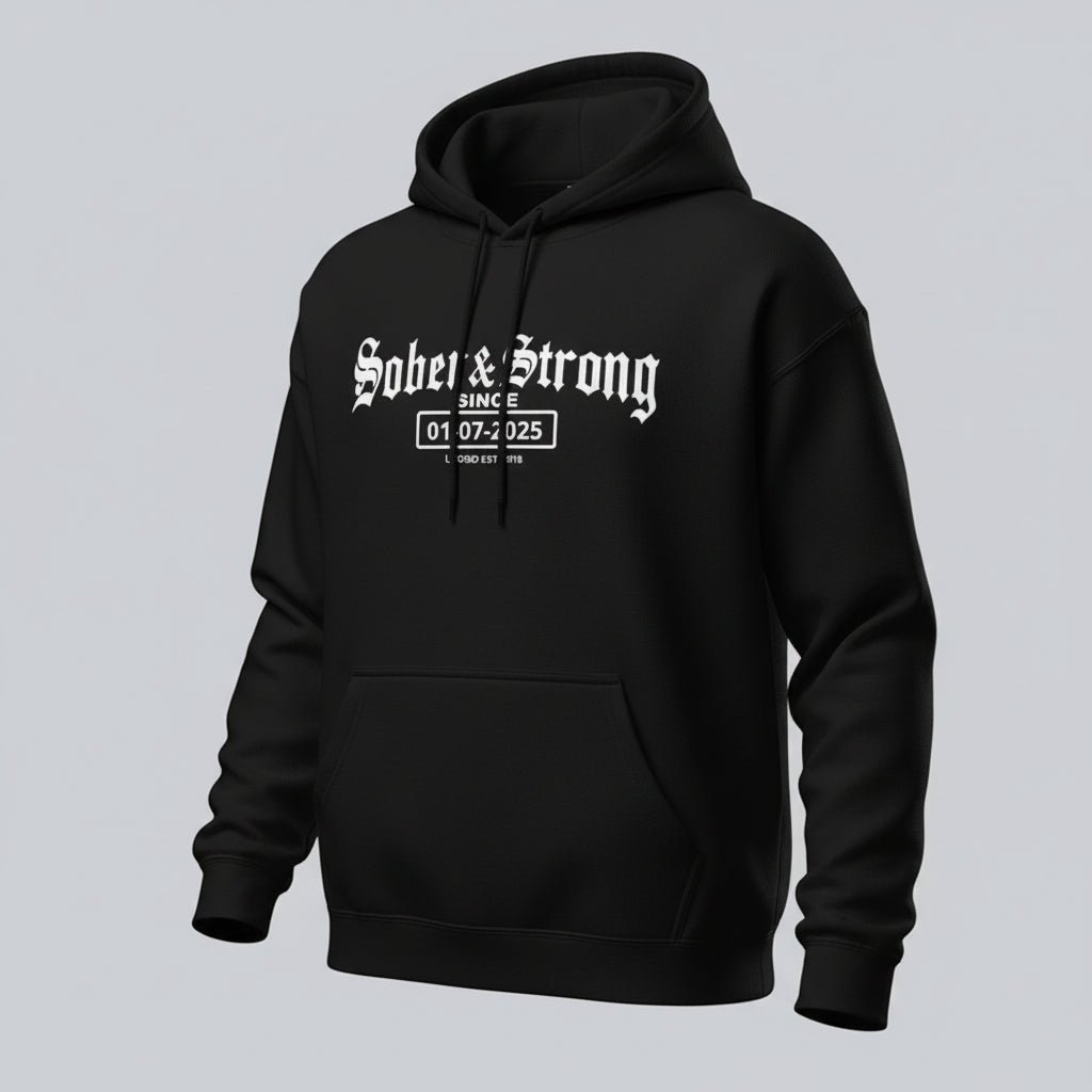 Old School Sober & Strong Recovery Hoodie lifestyle view (view 5)