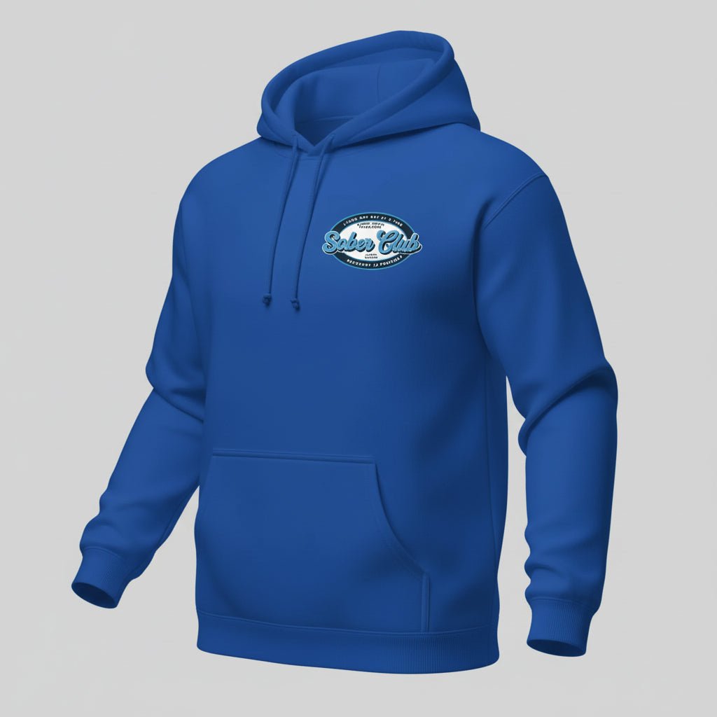 Sober Club Badge Recovery Hoodie flat lay styled image (view 23)
