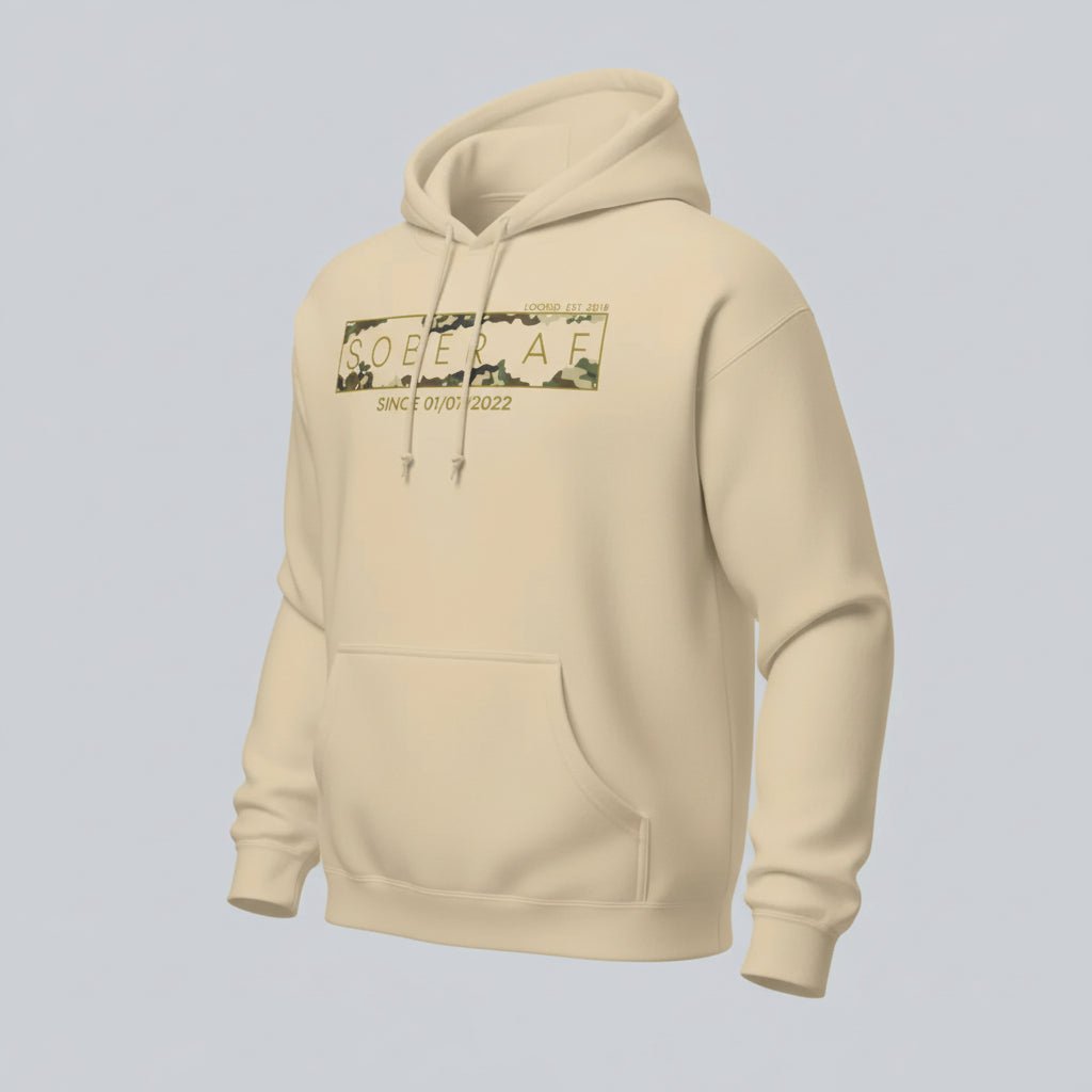 Sober AF Camo Recovery Hoodie flat lay styled image (view 23)