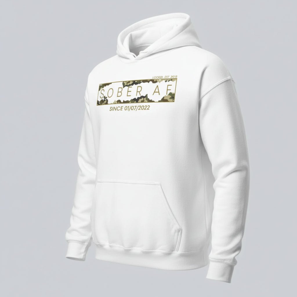 Sober AF Camo Recovery Hoodie fit detail (view 19)