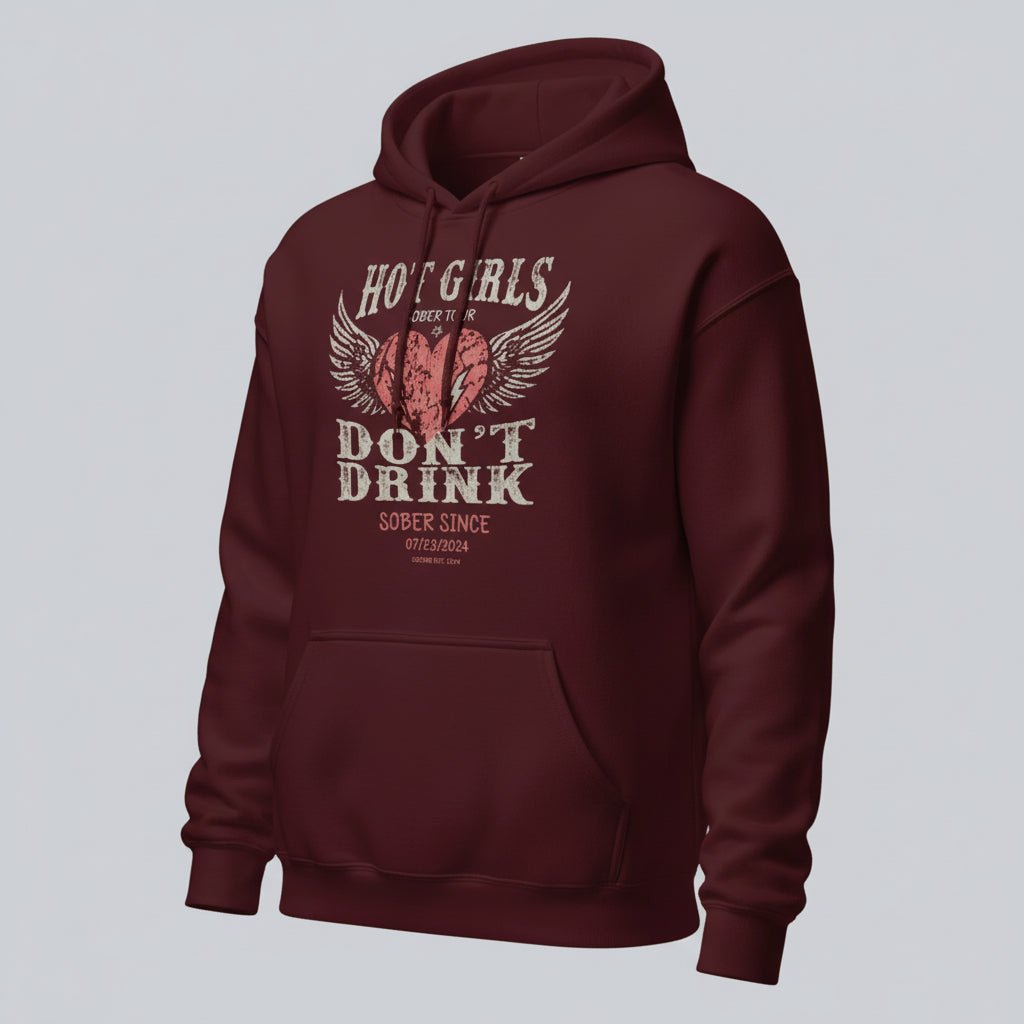 Hot Girls Don't Drink Custom Sobriety Date Recovery Hoodie fit detail (view 29)