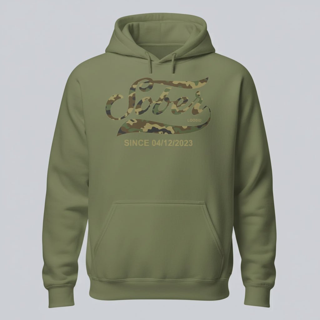 Sober Since Camo Recovery Hoodie flat lay styled image (view 13)