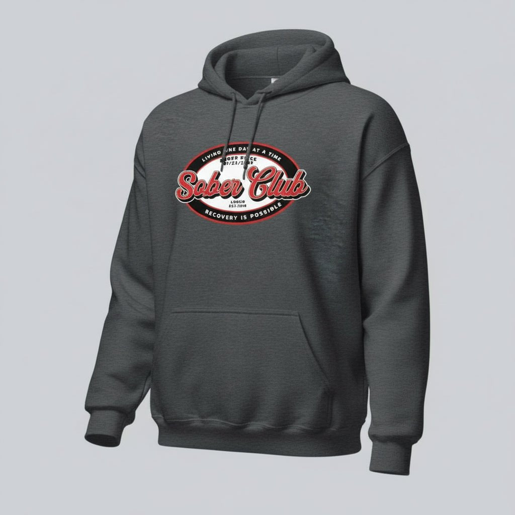 Sober Club Badge Recovery Hoodie flat lay styled image (view 13)