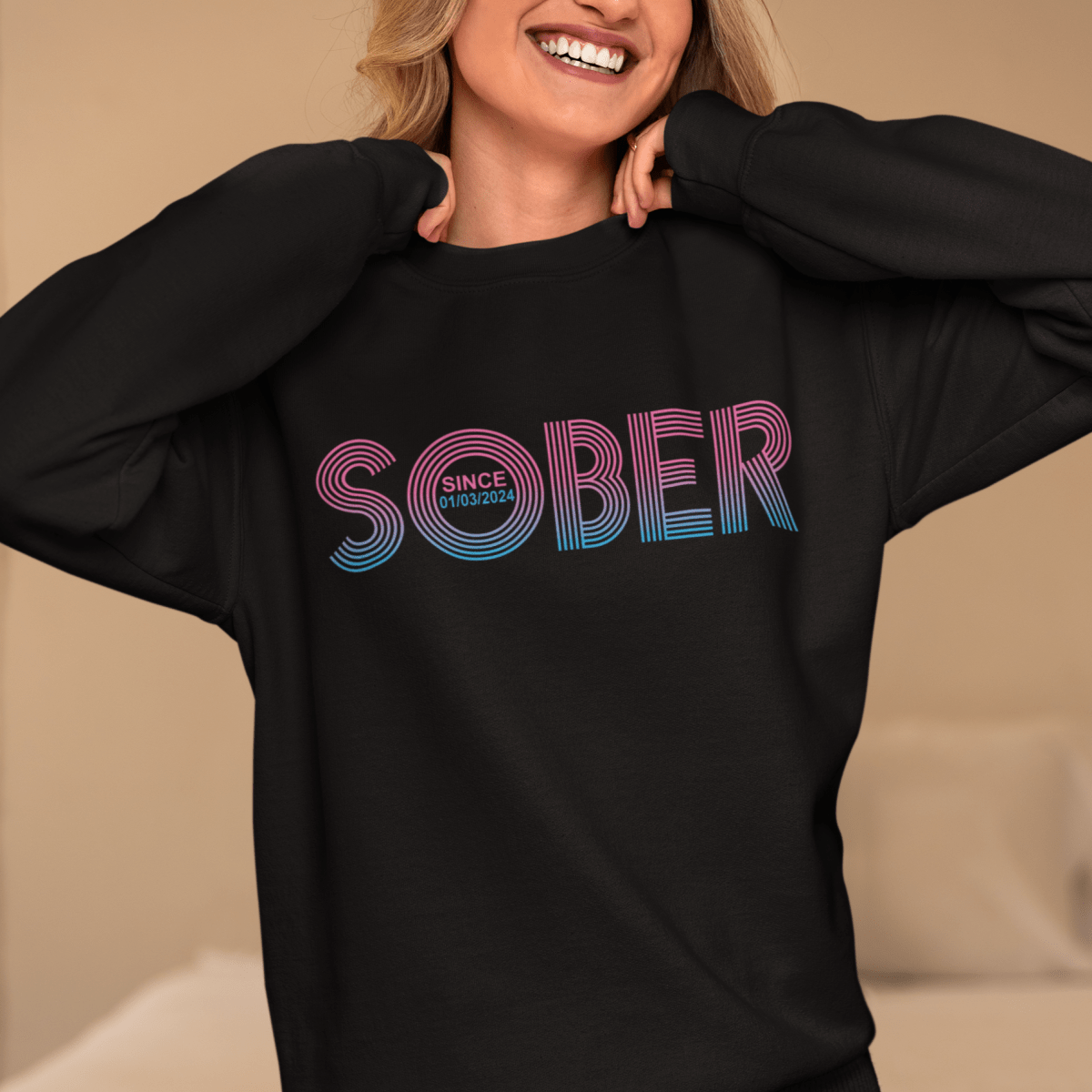 Retro Sobriety Date Sweatshirt Personalized Sober Date Recovery Hoodie close-up view (view 2)