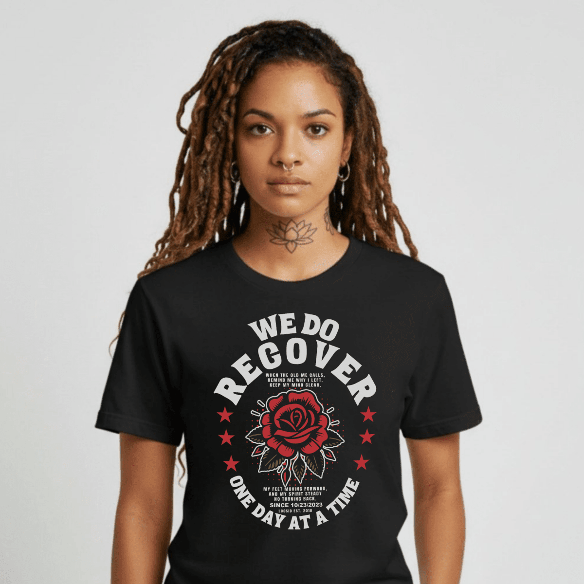 We Do Recover Sober T Shirt flat lay styled image (view 3)