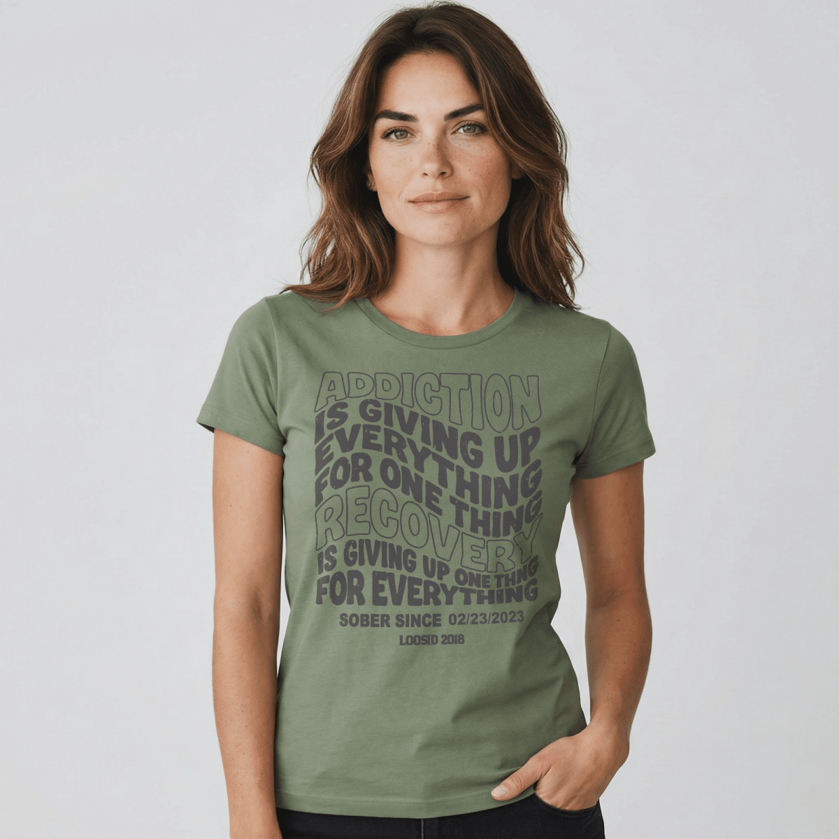 Addiction is Giving up Sober T Shirt flat lay styled image (view 3)