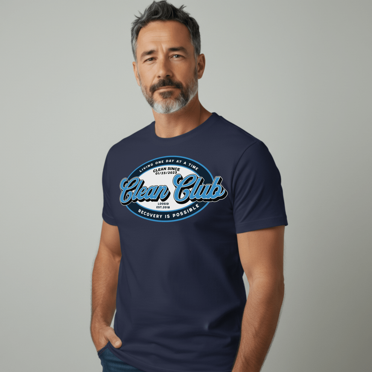 Clean Club Badge Unisex with Custom Recovery Sober T Shirt flat lay styled image (view 13)