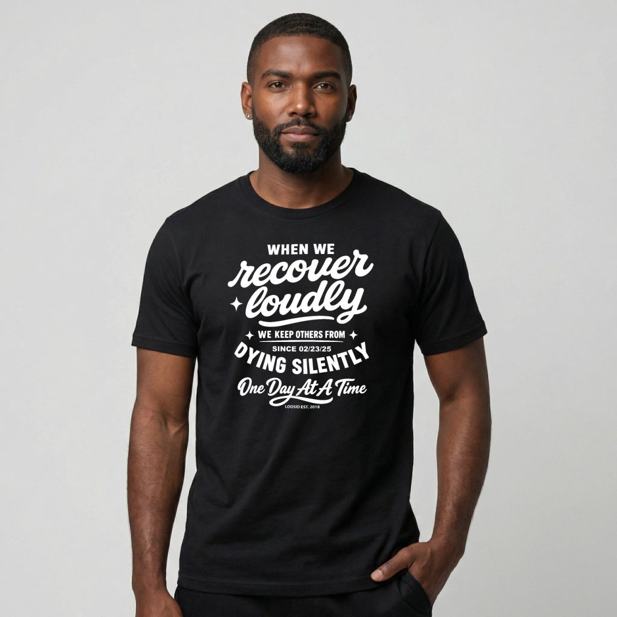 When we recover loudly men Sober T Shirt flat lay styled image (view 3)