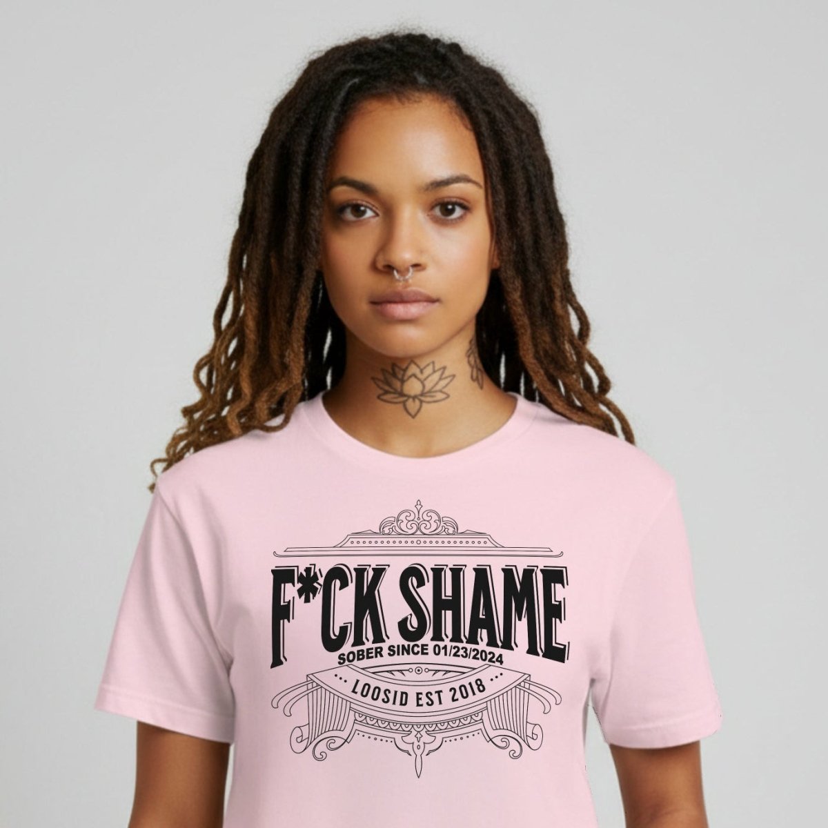 F*ck Shame Sober T Shirt fit detail (view 19)