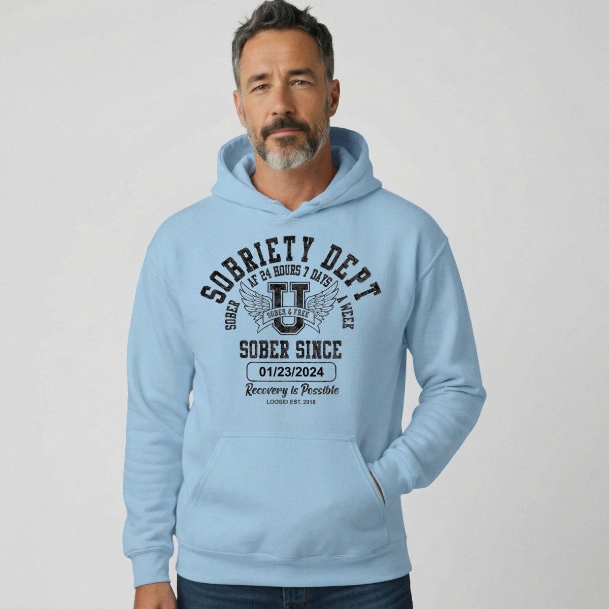 Sobriety Dept Recovery Hoodie flat lay styled image (view 43)