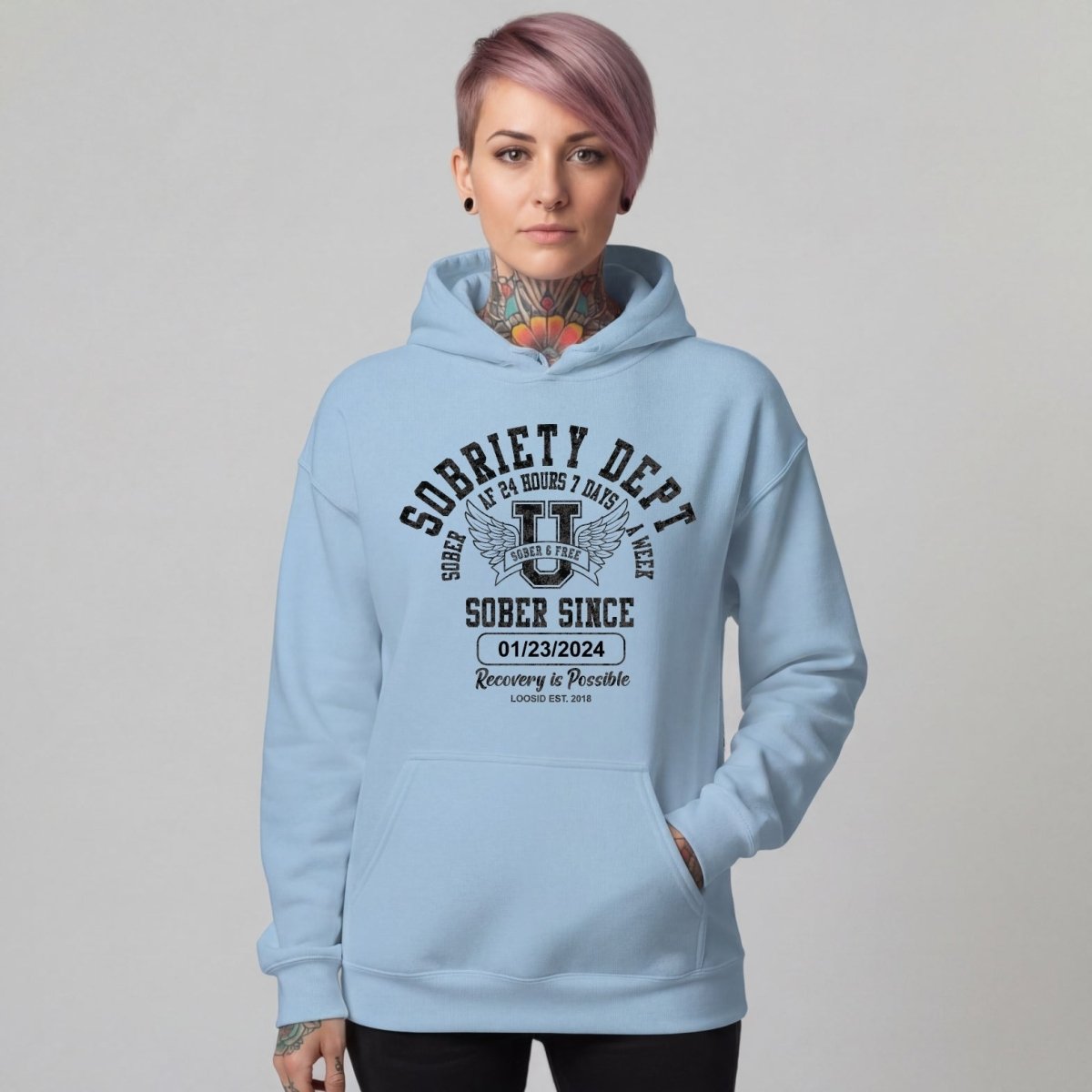 Sobriety Dept Recovery Hoodie lifestyle view (view 45)