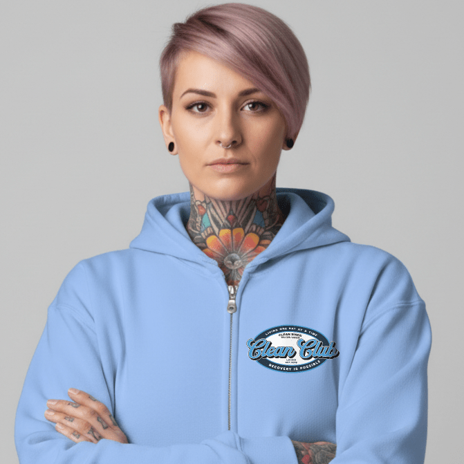 Clean Club Badge Left Chest Print Unisex Zip Recovery Hoodie packaging detail (view 28)