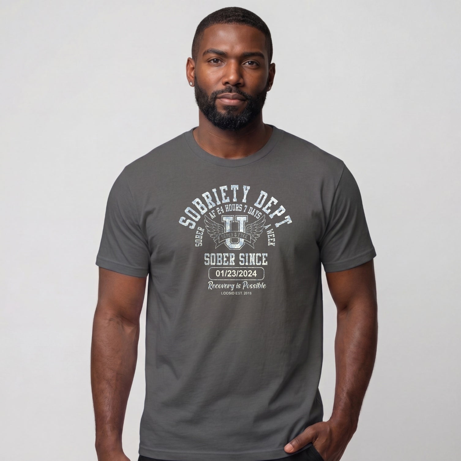 Sobriety Dept Men's T-Shirt with Custom Sobriety Date