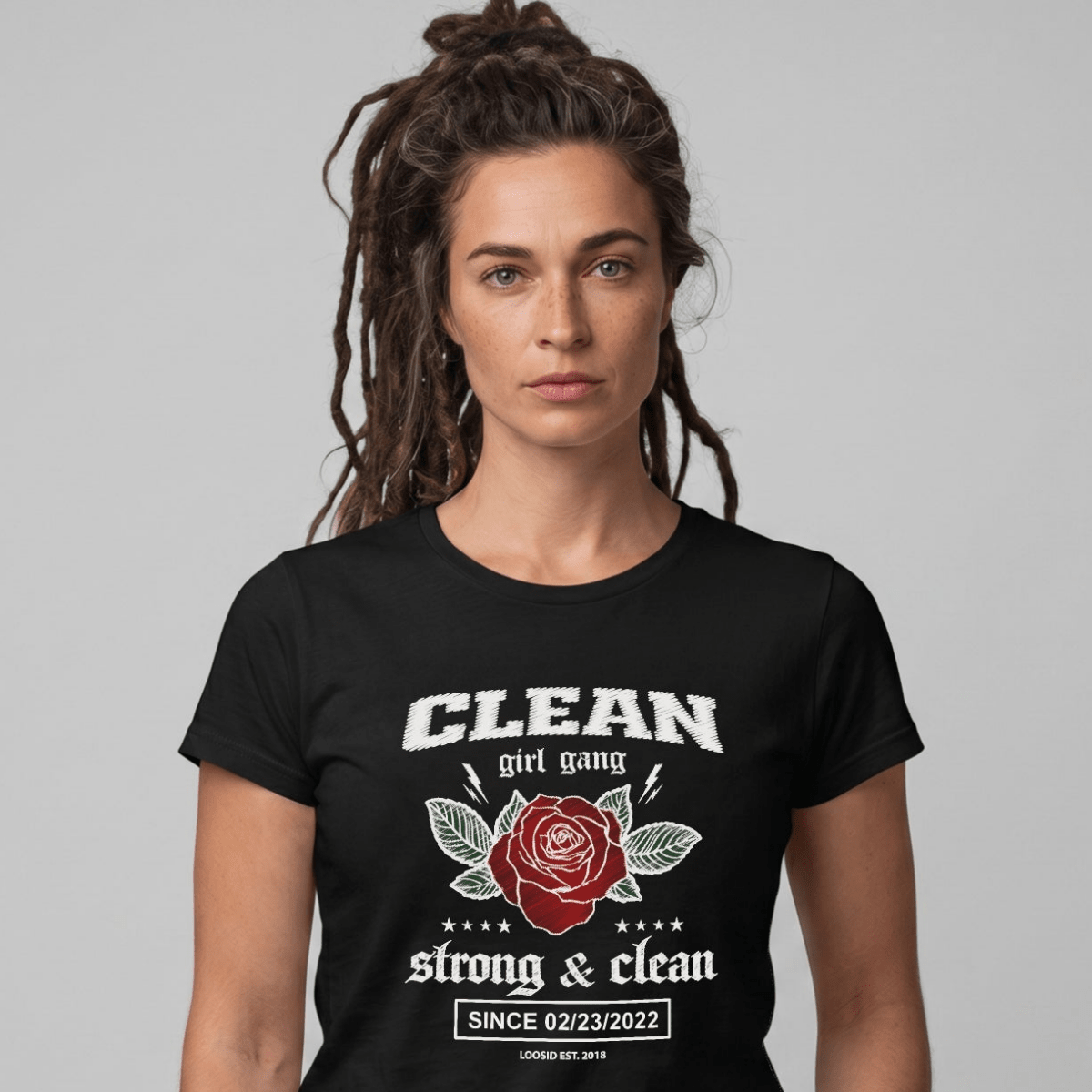 Clean Girl Gang Strong & Clean Sober T Shirt close-up view (view 2)