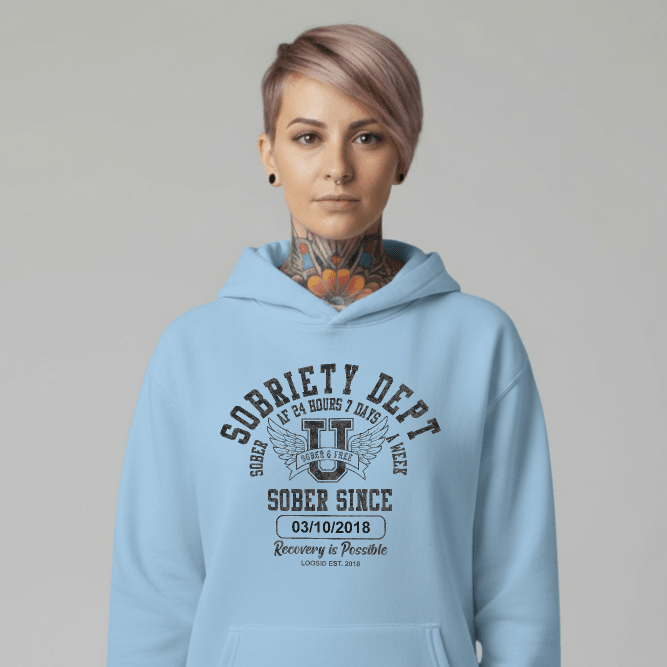 Sobriety Dept Recovery Hoodie flat lay styled image (view 33)