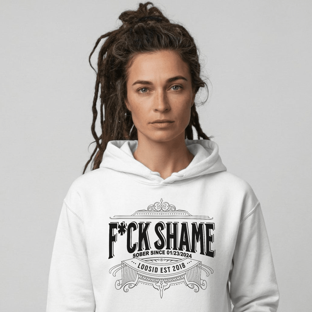F*ck Shame Recovery Hoodie close-up view (view 2)