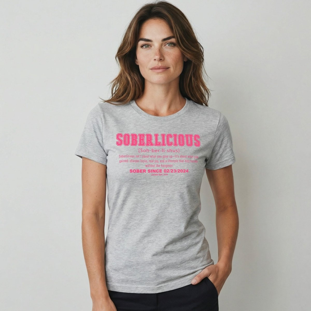 Soberlicious Definition w Custom Sobriety Date Sober T Shirt flat lay styled image (view 13)