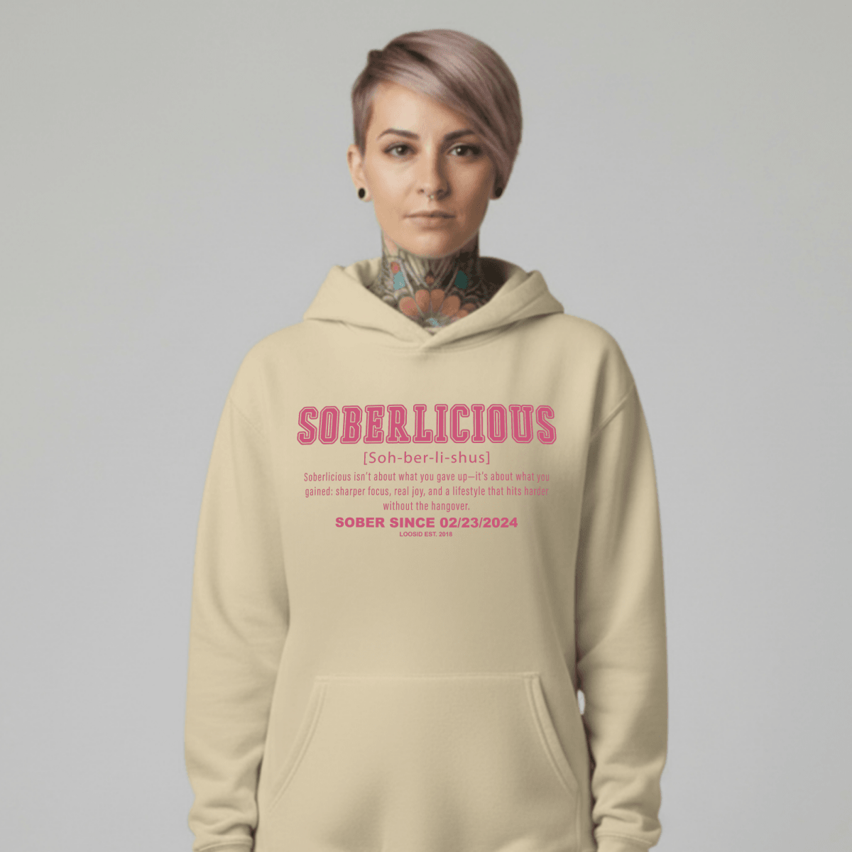 Soberlicious Definition Hoodie w Custom Sobriety Date Recovery Hoodie close-up view (view 22)