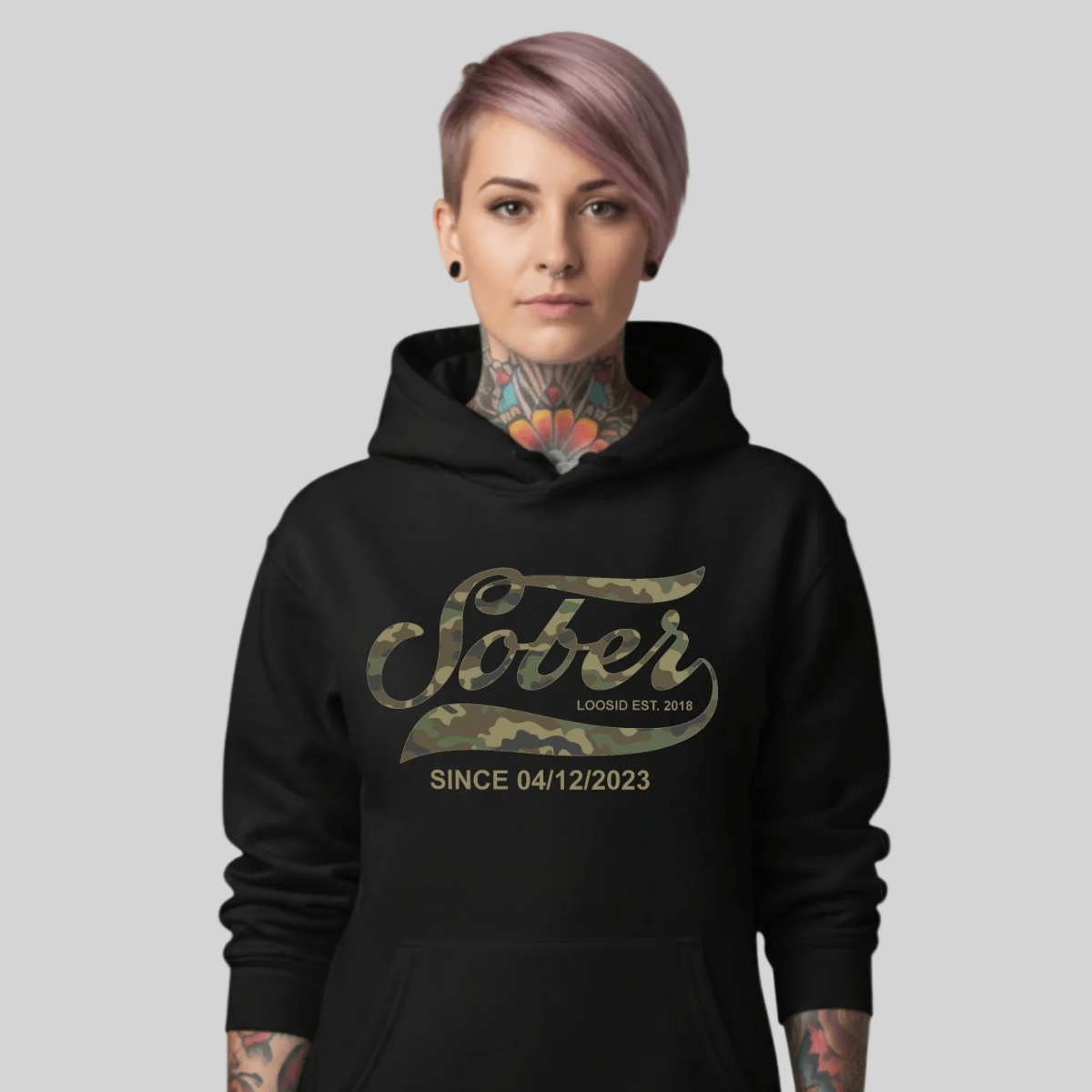 Sober Since Camo Recovery Hoodie flat lay styled image (view 3)