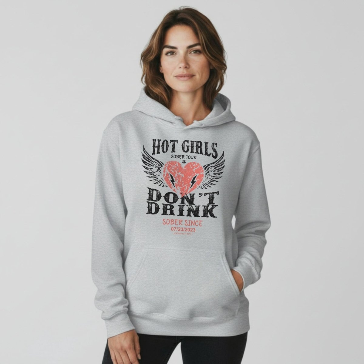 Hot Girls Don't Drink Custom Sobriety Date Recovery Hoodie close-up view (view 22)