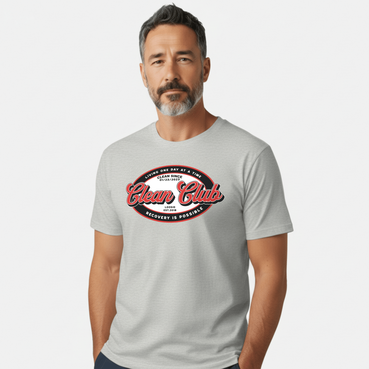 Clean Club Badge Unisex with Custom Recovery Sober T Shirt lifestyle view (view 25)