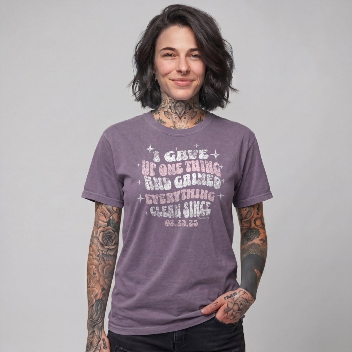 I Gave Up One Thing Women garment dyed Sober T Shirt flat lay styled image (view 3)